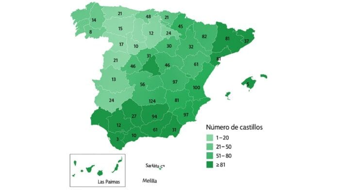 El mapa de España con el número de castillos por cada provincia de España