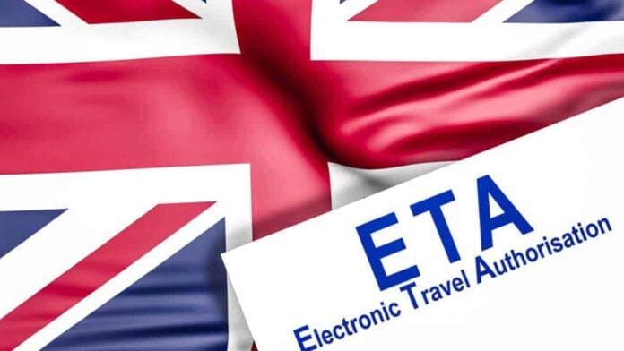 Hombre solicitando la ETA Reino Unido desde su teléfono móvil con pasaporte español en mano