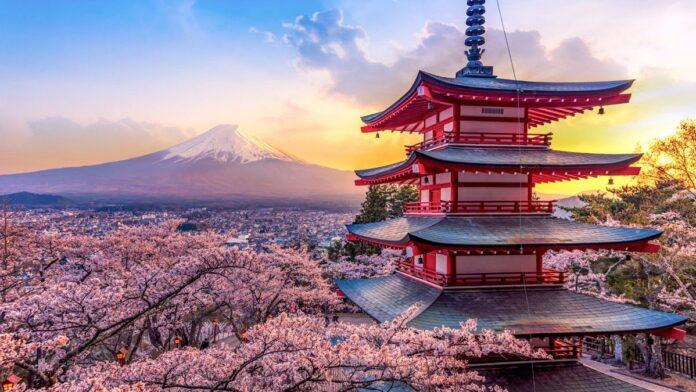 Templo tradicional japonés con el monte Fuji y cerezos en flor al fondo en Japón